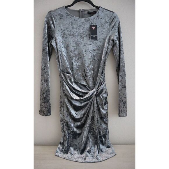 GUESS Women’s Sz S Gunmetal Multi Sophie L/S Velvet Bodycon Sheath Dress - Picture 1 of 14